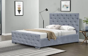 Cama tapizada de terciopelo cepillado Diamante Chesterfield en gris INDIVIDUAL DOBLE KING - Imagen 1 de 1