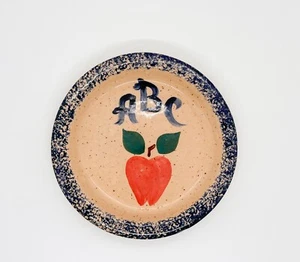 Vtg Three Rivers Pottery Plate Handmade Spongeware Stoneware Teacher Apple ABC - Picture 1 of 4