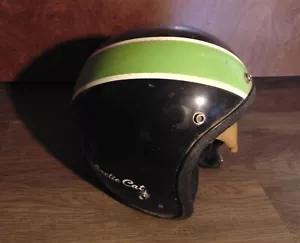 Vintage 1970s Open Face Black W/ Green Stripe Arctic Cat Snowmobile Helmet Sled - Picture 1 of 9