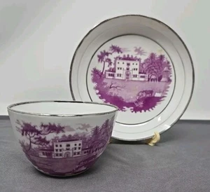 Thomas Wolfe Purple Bat Painted Cup & Saucer Late 18th Early 19th C. #4 - Picture 1 of 17