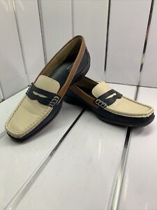 Hotter Ladies Brown Beige And Blue, Beautiful Leather Loafers UK Size 8 BNWOB,