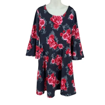 Justice Girls Knit Dress Sz 8 Black w/Roses Bell Sleeve Cut Out Bow Fit & Flare - Image 1 of 4