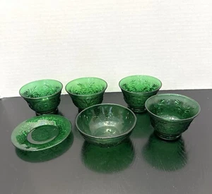 Anchor Hocking Forest Green Sandwich Glass Custard Bowls And Saucer VTG - Picture 1 of 11