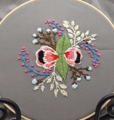 New Finished h/m unframed floral Embroidery/dark green bground multi floral 8" - Image 1 of 4