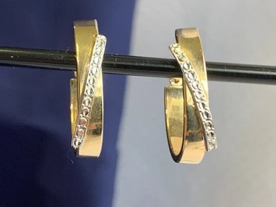 14K Yellow & White Gold Hoop Earrings 2.02g Fine Jewelry Diamond Cut Israel - Image 1 of 4