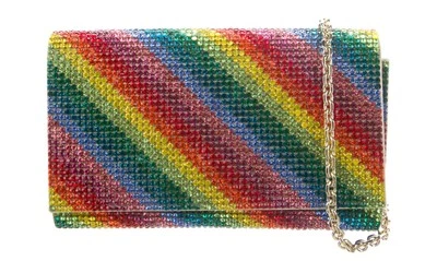 Judith Leiber Fizzoni Crystal Clutch Rainbow Stripes Shoulder Evening HandBag gy - Image 1 of 4