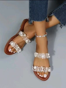 Slipper Slip-On Sandalen Schlupfeinstieg Weiß Glas Peelen-Optik Schlappen 36-45 - Foto 1 di 10