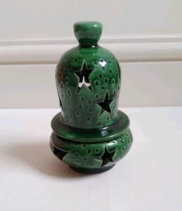 Small Handmade Green Glazed Ceramic Tealight Candle Lantern Star & Moon Detail - Picture 1 of 7