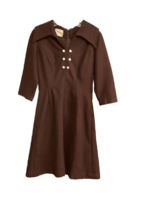 1970s  Women's Handmade Dress Sz S Brown Polyester A-Line Wide Collar Midi - Image 1 of 4