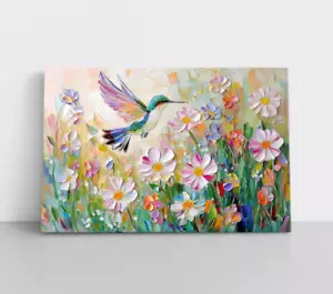 Bonita impresión de pintura sobre lienzo de arte de pared de colibrí y flores silvestres de primavera - Imagen 1 de 11