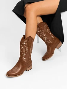 Women Cowboy Boots Mid Calf Cowgirl Boots Square Toe Western Boots - Picture 1 of 24