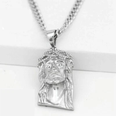 Cadena Cubana Hombre 24" Acero Inoxidable Plata.Cz Cara Jesús 53mm Colgante + Caja Foto 1 de 4