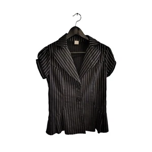 Vanity Small Black White Pinstripe Women's Button-Up Cap Sleeve Blazer - Picture 1 of 5