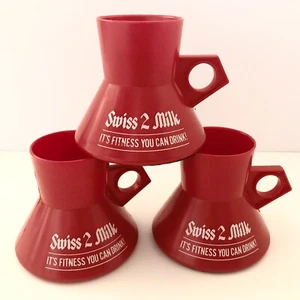 Set Lot 3 Swiss 2 Milk Commuter Coffee Mugs Cups Plastic Red Vintage Advertising - Picture 1 of 7