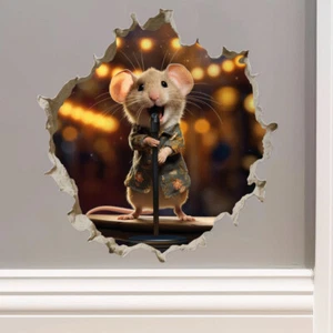 Singing Mouse In Mouse Hole 3D Hole Wall Vinyl Sticker Decal - Picture 1 of 5