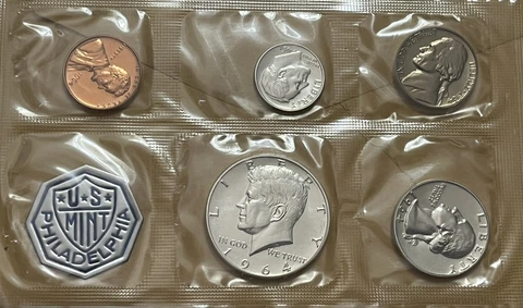 1964 US Mint Silver Proof Set Mint Sealed Cello W/Silver Kennedy Half Dollar Cover