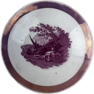 Antique Staffordshire Pink Lustre Transferware Saucer Sleeping Dog Hunting Birds - Picture 1 of 4