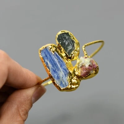 Brazalete brazalete pavimentado turmalina enchapado en oro cianita azul natural 24K Foto 1 de 4