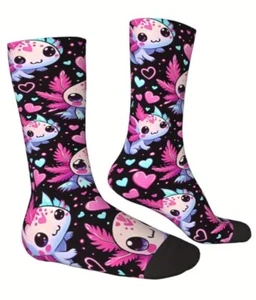 Cute Bright Pink Axolotl Adult Crew Socks One Size Cartoon Novelty Gift - Picture 1 of 7