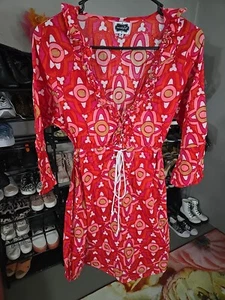 Mud Pie Tunic Dress Women's M (8-10) Pink Red Geometric ¾ Sleeves Beach Cover Up - Picture 1 of 4