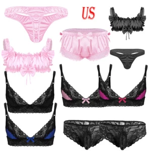 Mens Satin Sissy Lingerie Set Ruffled Frilly Bra Top G-string Thong Sleepwear - Picture 1 of 69