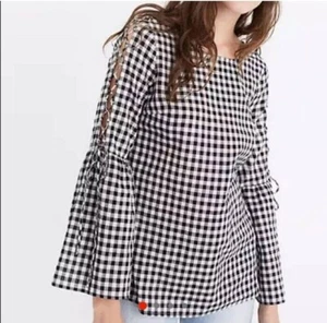 Madewell Blouse Womens XS Checkered Gingham Lace Up Bell Sleeve Black White NWT - Picture 1 of 10