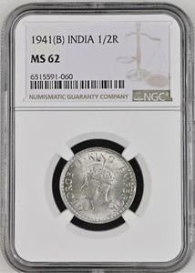 INDIA 1/2 Rupee 1941-B, NGC MS 62 UNC Uncirculated, Lustrous. KGVI.  E2 - Picture 1 of 2