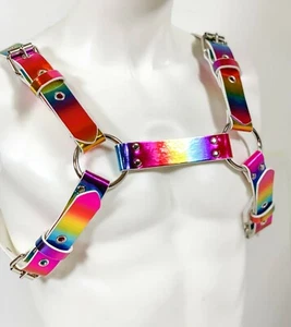Pride Rainbow  Bulldog Chest Men's Harness Thick Vegan Leather USA Made Pride  - Picture 1 of 6