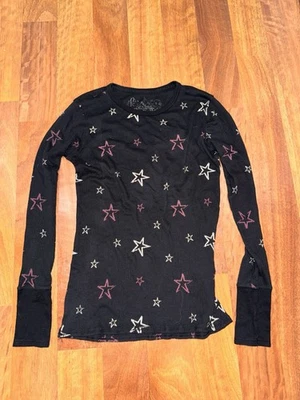 Women’s Y2K 90s Black Fitted Star Long Sleeve Ribbed Top - Image 1 of 2