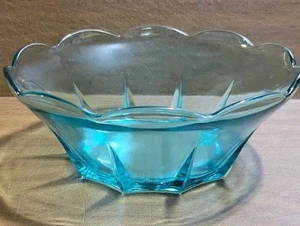 Servizio rotondo vintage vetro 8x4" ciotola frutta piatto blu acqua bordo smerlato MCM cibo - Foto 1 di 8