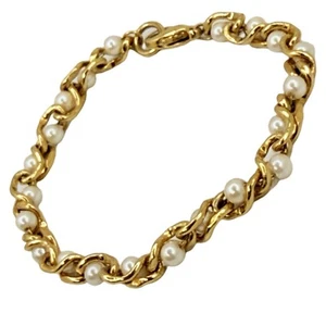 White Pearl 24K Gold Plated Tennis Bracelet 7" Station Link Minimalist Jewelry - Picture 1 of 11