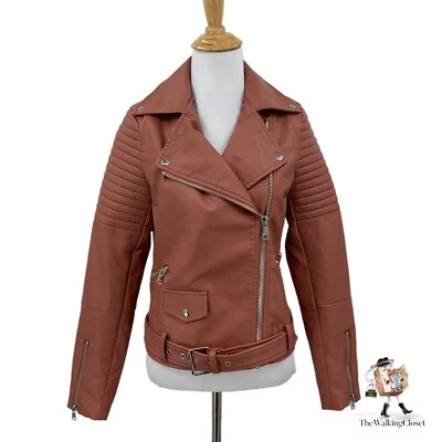 Love Tree Jacket Womens S Small Muave Faux Leather Moto Belted Size Zip Ribbed - Image 1 of 4