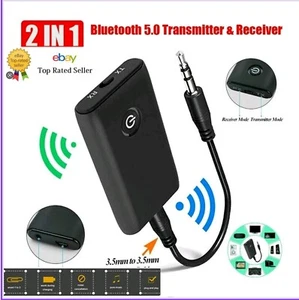 2-in-1 Wireless Bluetooth 5.0 Transmitter Receiver Adapter Audio 3.5mm Jack Aux - Picture 1 of 15