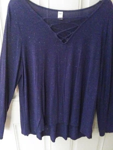 Old Navy XL Long Sleeve Tunic Top Kriss Kross VNeck Navy Silver Metallic Sparkle - Picture 1 of 7