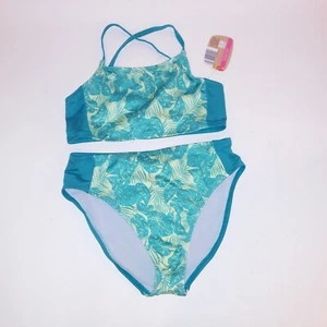 Lily & Dan Girls 2 Piece Swim Set Large Bikini Top & Bottom Green Blue Tropical - Picture 1 of 6