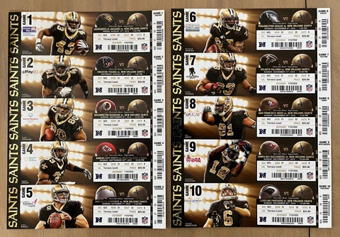 DREW BREES 2012 NEW ORLEANS SAINTS FULL TICKETS vs Chargers Redskins Eagles Cover