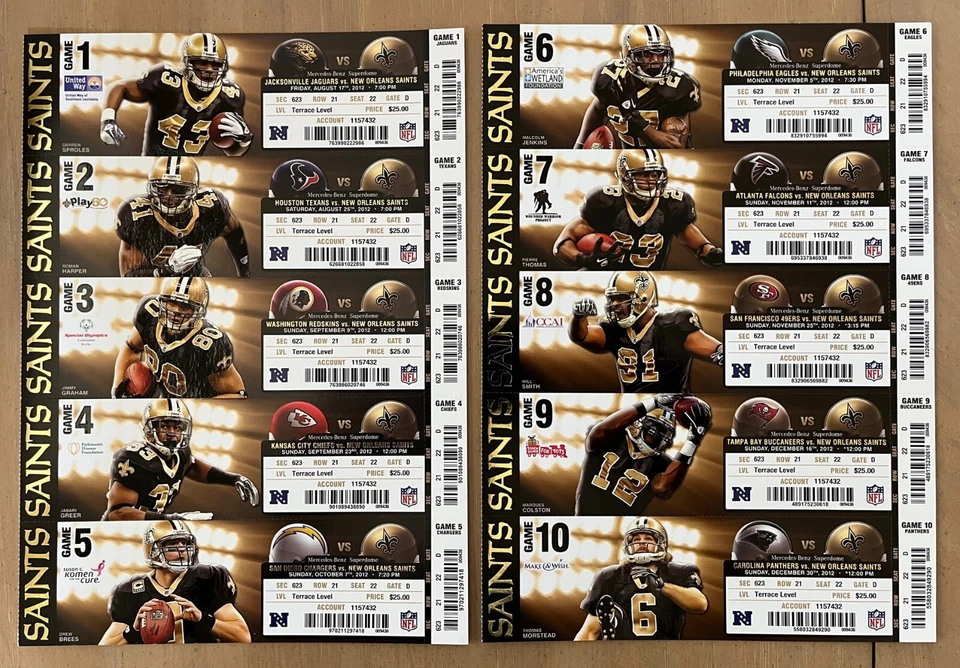 Boletos completos Drew Brees 2012 New Orleans Saints vs Chargers Redskins Eagles Foto 1 de 1