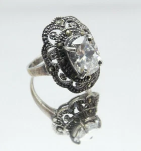 AG10 Anello Vintage in Argento 925 Ring Silver Marcasite mis. 19 - Picture 1 of 9