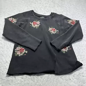 Lucky Brand Rose bestickter Frottee Pullover anthrazit geblümt Damen Größe Medium M - Bild 1 von 12