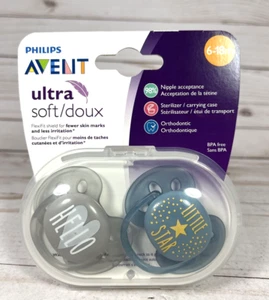 AVENT Ultra Soft 6-18m Orthodontic Pacifier 2pk Blue Gray w/ Sterilizer Case - Picture 1 of 6