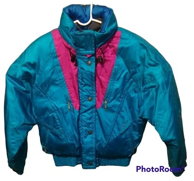Chaqueta de esquí de invierno Fire Ice Sunice para mujer verde azulado púrpura talla 12 capucha oculta vintage Foto 1 de 4