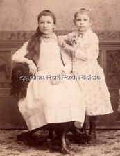 Cabinet Card Photo Two Young Girls Children w Pretty Dresses Long Hair Chair