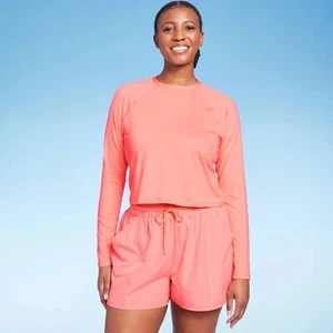 Kona Sol Large 12-14 Coral Orange Long Sleeve Cropped Rash Guard Swim Shirt - Picture 1 of 5