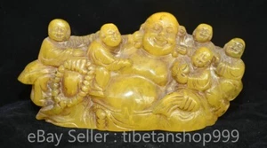 7.8" Old Chinese Yellow Amber Carved Buddhism Happy Laugh Maitreya Buddha Statue - Picture 1 of 19