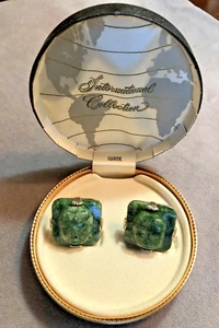 VTG Carved Jade Buddha Cufflinks~Caesar Box Swank International Collection 1" Sq - Picture 1 of 5