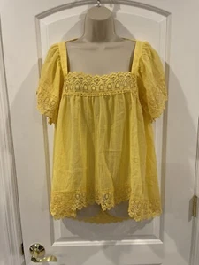 Roscher L Lace Trim Top Yellow Short Sleeve Square Neck - Picture 1 of 9