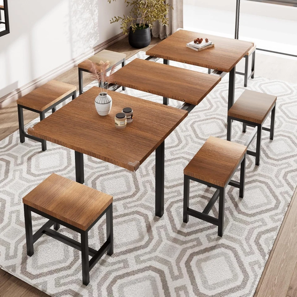 7-Piece Dining Table Set 6 Stools Extendable Kitchen Table Sturdy Metal Frame - Image 1 of 4