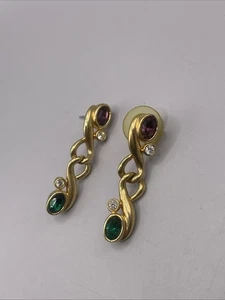 Swarovski Gold Purple and Green Gem Dangle Earrings - Picture 1 of 4