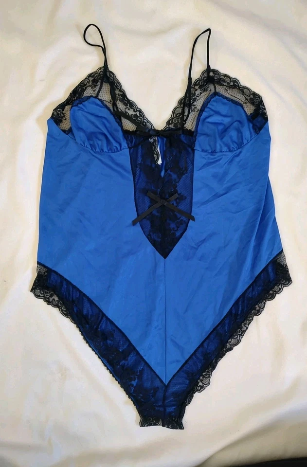 Vintage 80s Blue Silky Nylon Floral Lace Hi-Cut Teddy Snap Crotch Lingerie 4XL - Image 1 of 4