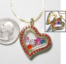 Floating Heart Memory Locket Necklace w/Red Rs/Paw Charm Gt Magnetic 18" New